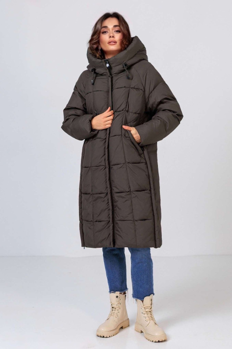 Пуховик стильний в коліно графітово-смарагдовий Пуховик стильний 118-3