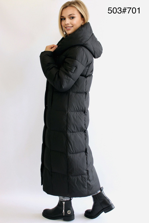Длинный зимний пуховик черный на фото сбоку Длинный зимний пуховик 503-701-2