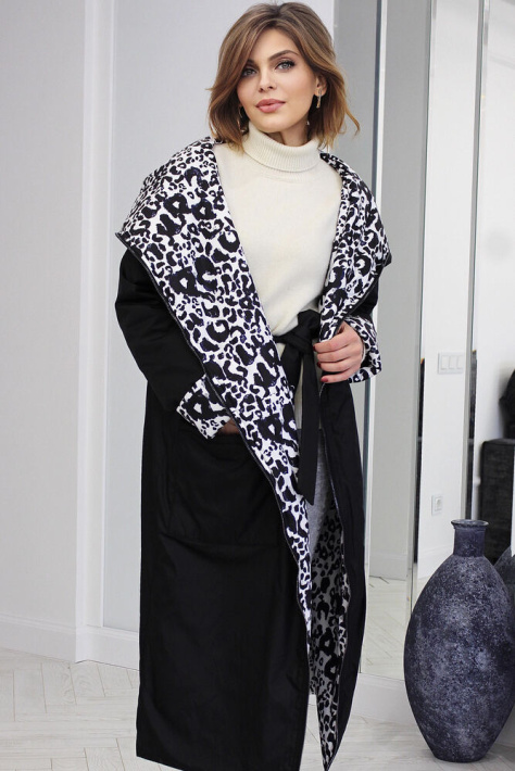 Двустороннее пальто-кокон черное с рисунком пантеры Двустороннее пальто-кокон 795-04
