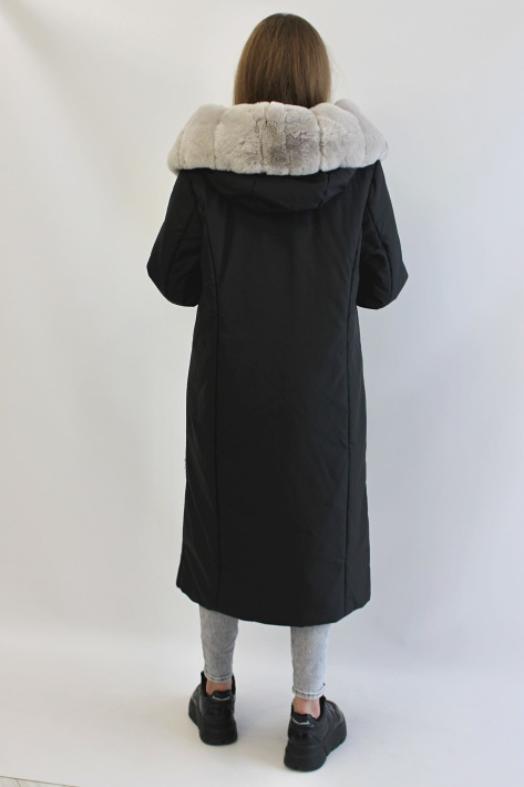 Пальто с мехом кролика черное с капюшоном Пальто с мехом кролика 566-04