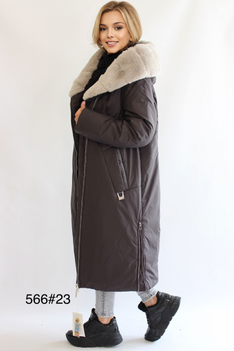 Пальто с мехом кролика серое на фото сбоку Пальто с мехом кролика 566-23-1