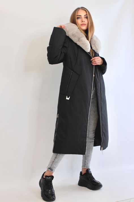 Пальто с мехом кролика черное сбоку Пальто с мехом кролика 566-3