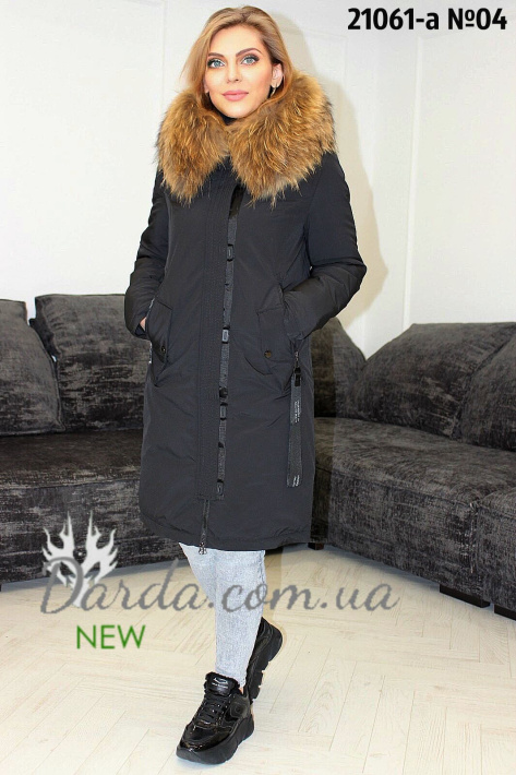 Зимняя парка женская с натуральным мехом черная спереди Зимняя парка женская с натуральным мехом черная 21066-А