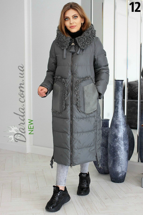 Зимнее пальто с мехом козлика Mishele серо-зелёное 20011