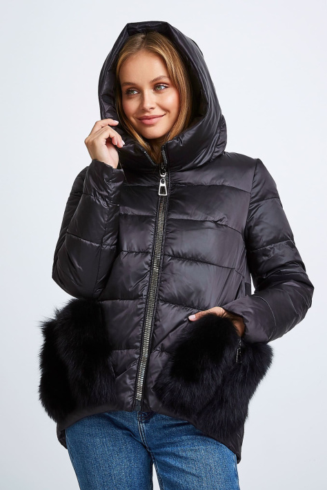 Пуховик с мехом на карманах черный Пуховик с мехом на карманах 6969-5